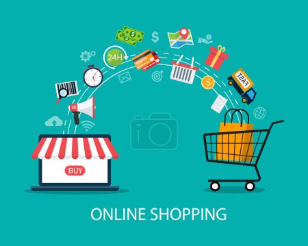 Photo for Online shopping and delivery on blue background. E-Commerce Application Development. Vector illustration flat design. Business and finance concept. - Royalty Free Image
