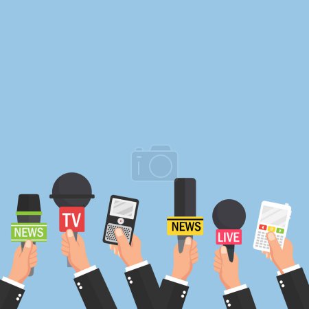 Illustration for Hands holding microphones and digital voice recorders. Journalism concept. Press conference with copy space. vector illustration in flat design. isolated on blue background. Media interviews. - Royalty Free Image