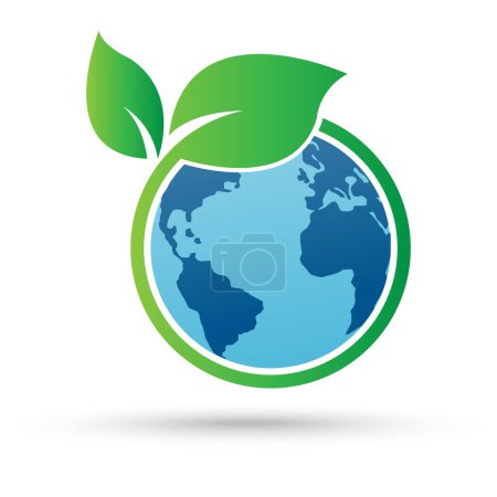 Illustration for Earth and leaf logo isolated on white background. green earth ecology symbol. sustainable and environmental friendly concept. vector illustration in flat style modern design. - Royalty Free Image