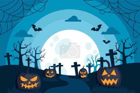 Illustration for Happy halloween pumpkin and moon on night blue background. Halloween greeting with graves,bats,spiders and webs. Ghost Concept in October Party. Vector illustration in flat design. - Royalty Free Image