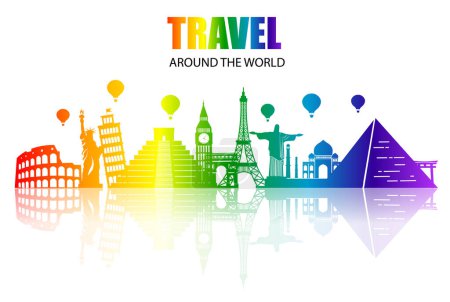 Ilustración de Colorful rainbow famous world landmarks around the globe. Important tourist attractions concept. vector illustration flat design. - Imagen libre de derechos