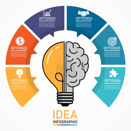 Illustration for Infographic light bulb template design on white background. business and finance concept.6 elements symbol can be used for workflow layout, diagram. half idea brain sign. creative thinking to success. - Royalty Free Image