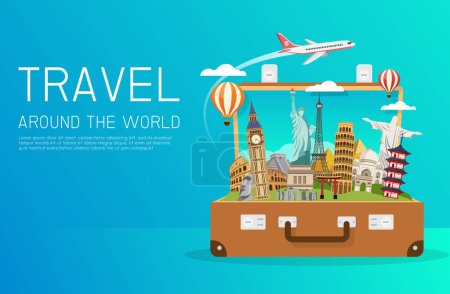 Photo for Open suitcase with landmarks. world bag and attraction. travel around the world. Road trip. Tourism and vacation. vector illustration in flat style modern design. - Royalty Free Image
