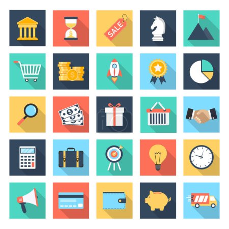 Illustration for Business and finance flat icons set with long shadows. business and marketing concept. shopping online symbol. vector illustration flat design. isolated on white background. - Royalty Free Image
