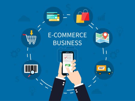 Illustration for E-commerce  payment online shopping on blue background. Businessman hand order goods vector. vector illustration modern flat design. - Royalty Free Image