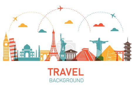 Photo for Travel by plane around the world concept. Colorful icons tourism and landmarks. isolated on white background. vector illustration in flat style modern design. - Royalty Free Image