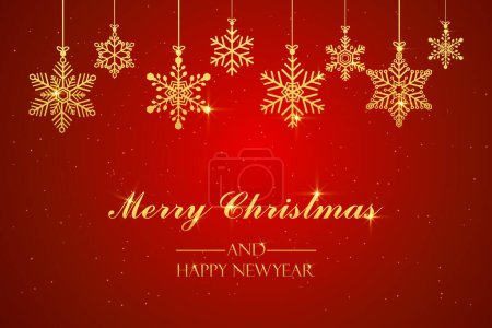 Photo for Merry christmas and happy new year greeting card red background. golden snowflakes hanging decorative holiday. vector illustration in flat style design. - Royalty Free Image