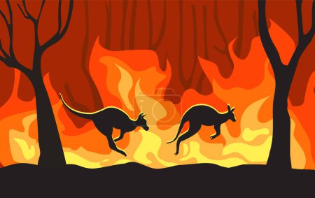 Ilustración de Los canguros huyen de incendios forestales en Australia. ilustración vectorial diseño plano. Concepto de desastre natural. El animal está muriendo en el fuego ardiente del bosque.. - Imagen libre de derechos