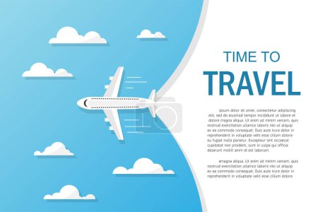 Time to travel landing page template. Tourism and transport business. Copy space for text input. Vector illustration in flat design. Airlines flying through clouds in the blue sky. Top view.