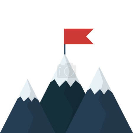 Illustration for Mountain mission success. isolated on background. Red flag on mountain peak. Goal achievement symbol. business and finance concept. vector illustration flat design. - Royalty Free Image
