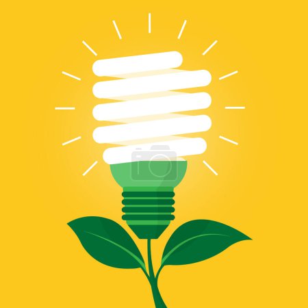 Illustration for Green energy efficient light bulb. isolated on yellow background. compact fluorescent lamp saving nature. sustainable development concept. vector illustration flat design. - Royalty Free Image