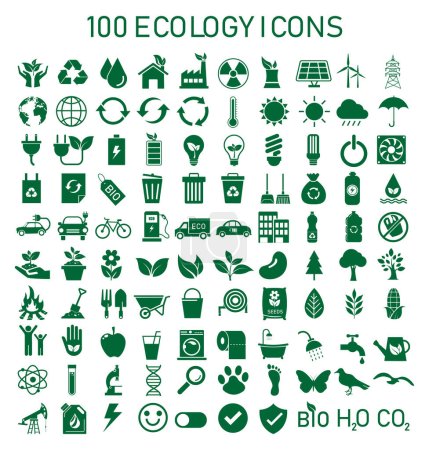 100 ecology recycle icons set on isolated on white background. Environment and sustainable collection sign. Green energy and nature symbols. vector illustration flat design.