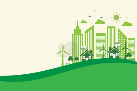 Illustration for Save energy the world development. environmental and ecology concept. vector illustration banner flat design. green city in landscape background. copy space for text input. - Royalty Free Image