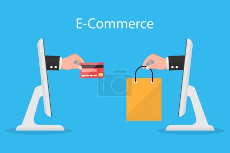 E-Commerce-Konzept. Hände, die aus einem Computerbildschirm greifen und eine Einkaufstasche und Kreditkarte halten. Vektor Illustration flaches Design. Online-Marketing für Unternehmen.