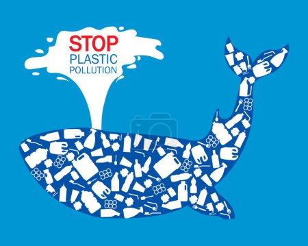 Illustration for Whale composed of white plastic waste bag, bottle. stop plastic pollution poster. vector illustration in flat style modern design. isolated on blue background. - Royalty Free Image