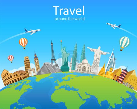 Photo for Travel around  the world of Europe, Asia and America. Famous landmarks in global. vector illustration modern flat design. Tourism business. - Royalty Free Image