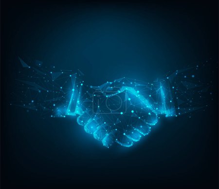 Photo for Abstract poly line and point agreement handshake on blue dark blue background. Hands link internet  connection. Business success concept. Vector illustration in flat design. - Royalty Free Image