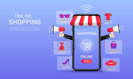 Illustration for Online shopping on application and website smartphone. e-commerce concepts. vector illustration in flat style modern design. mobile online advertising. megaphone with shopping icons. - Royalty Free Image