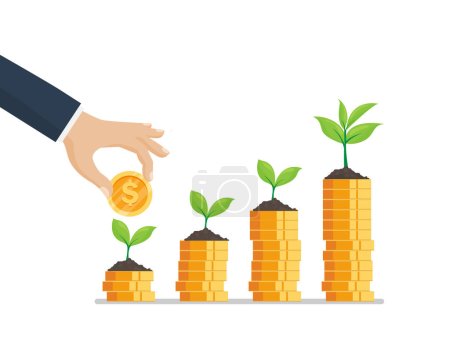 Illustration for Tree growing on coins stack. growth and save business concept. isolated on white background. vector illustration in flat style modern design. Steps to money success. - Royalty Free Image