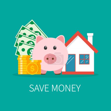 Ilustración de Pink piggy bank with coin and home. Save money to buy a house.  Home investment loan. vector illustration in flat style modern design. - Imagen libre de derechos