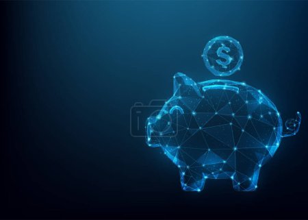 Téléchargez les illustrations : Abstract piggy bank low poly wireframe. save money business concept. copy space for text input. isolated on blue dark background. vector illustration futuristic glowing. - en licence libre de droit