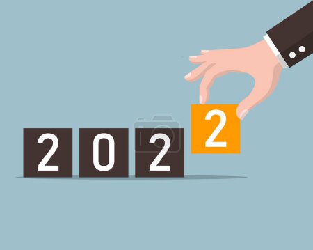 Illustration for Hand putting box for 2022 years. business start to year 2022. happy new years goal concept. vector illustration in flat style modern design. - Royalty Free Image