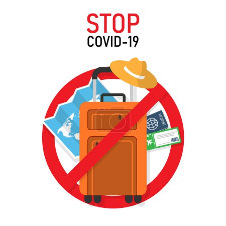 Téléchargez les illustrations : Arrêtez le voyage pour arrêter COVID-19. Coronavirus protection contre la maladie avec signe de valise. Concept de coronavirus en quarantaine. illustration vectorielle dans un style plat design moderne. - en licence libre de droit
