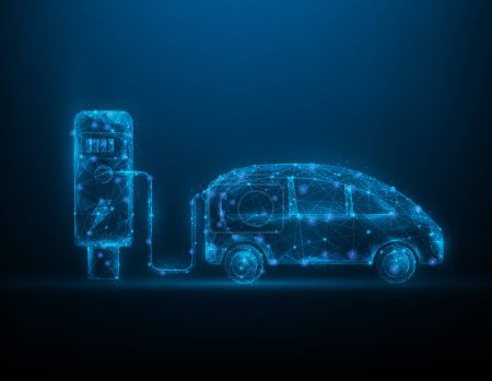 Illustration for Car electric charger low poly wireframe. electrified future transportation concept. EV charger modern. isolated on blue dark background. vector illustration digital futuristic style. - Royalty Free Image
