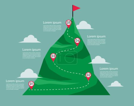 Illustration for Business mountain with flag on top infographic with option. business and achievement concept. Business strategy to success. climbing route to goal. Path to top mountain peak. vector illustration. - Royalty Free Image
