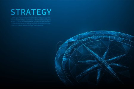 Illustration for Arrow compass strategy low poly wireframe. Business goals for success concept. vector illustration consisting of points, lines, and shapes. isolated on blue dark background. - Royalty Free Image