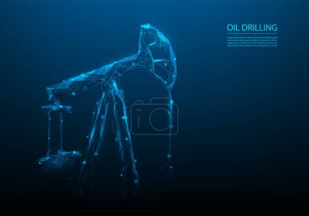 Illustration for Oil drilling machine low poly wire frame. petroleum fuel industry concept. Oil well rig jack line and point. vector illustration futuristic style. isolated on blue dark background. - Royalty Free Image