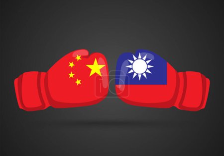 Illustration for Boxing hand between China and Taiwan. isolated on dark background. Concept Flag of the international conflict. vector illustration in flat design. confrontation between two countries. - Royalty Free Image