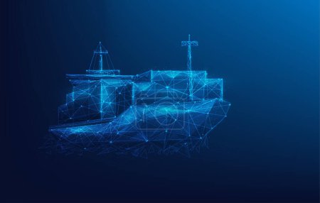 Photo for Logistic cargo ship low poly wireframe. digital business worldwide shipping concept. technology business transport. isolated on blue dark background. vector illustration futuristic style. - Royalty Free Image