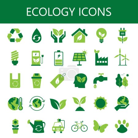 Illustration for Green ecology and environment flat icon set. eco friendly symbol collection concept. natural and renewable energy sign. vector illustration flat style. isolated on white background. - Royalty Free Image