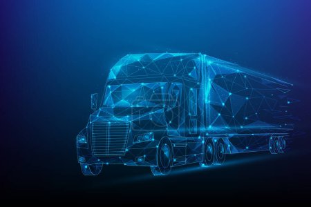 Photo for Logistics cargo truck transport low poly. business worldwide shipping wireframe concept. consist of lines, dots and triangle. isolated on blue dark background. vector illustration fantastic digital. - Royalty Free Image