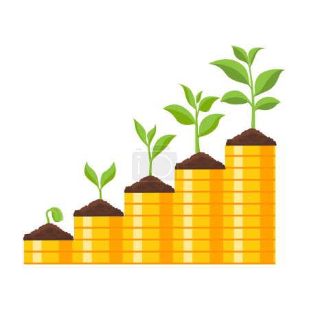 Illustration for Money gold coin stack growing graph. Business finance investment concept. money and plant growing. vector illustration in flat style modern design. isolated on white background. - Royalty Free Image