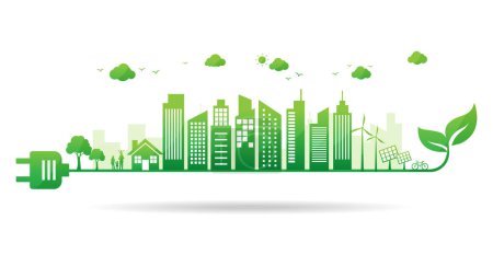 Illustration for Green ecology city energy plug power. city environmental sustainable. eco friendly. save nature and world concept. isolated on white background. vector illustration in flat style modern design. - Royalty Free Image