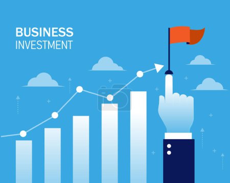 Illustration for Businessman hand pointing growth graph increase. business growing successful financial. Finger up chart arrow on target. vector illustration in flat style modern design. - Royalty Free Image