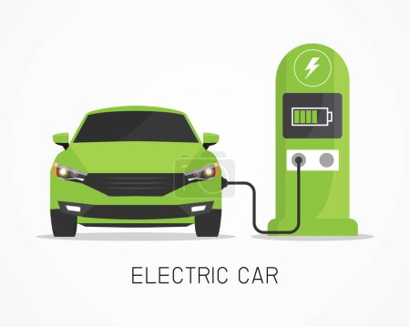 Illustration for Electric car charging technology. save ecology and energy car. isolated on white background. vector illustration in flat style modern design. front view. - Royalty Free Image