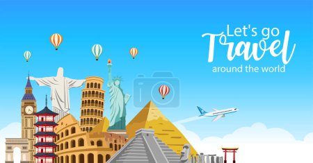 Illustration for Let's go travel and tourism. Travel famous landmarks around world. Road trip concept. vector illustration in flat style modern design. - Royalty Free Image