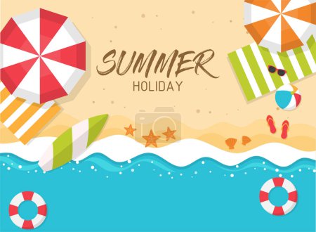 Illustration for Top view beach summer background. summer holiday wave sea with umbrellas,balls,sunglasses,surfboard,starfish. vector illustration in flat style modern design. - Royalty Free Image
