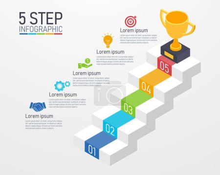 Illustration for Stair isometric step to success concept. 5 symbol can be used for process, presentations, layout, banner,infographic. business and innovation to goal. vector illustration in isometric style - Royalty Free Image