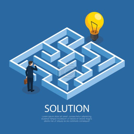 Illustration for Businessman looking idea in the maze isometric. business solution pass labyrinth. achieving the goal. concept. vector illustration in isometric style modern design. isolated on blue background. - Royalty Free Image