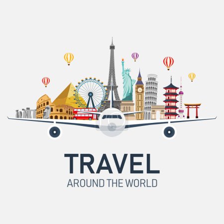 Photo for Airplane and time to travel banner. travel around the world. buildings and landmarks on plane. vector illustration in flat style modern design. isolated on white background. - Royalty Free Image