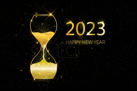Illustration for 2023 countdown with hourglass on dark background. happy new year 2023 greetings. golden light shiny on watch. vector illustration design. - Royalty Free Image