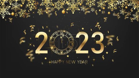 Illustration for Happy new year 2023 on dark background. golden snowflake decoration balls and confetti. vector illustration design. greeting celebrate 2023 number with clock. - Royalty Free Image