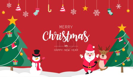 Illustration for Merry christmas with copy space on red background. vector illustration backdrop. happy new year with pine,snowman and reindeer. greeting card winter holiday. hanging on snowflake, ball and gift. - Royalty Free Image