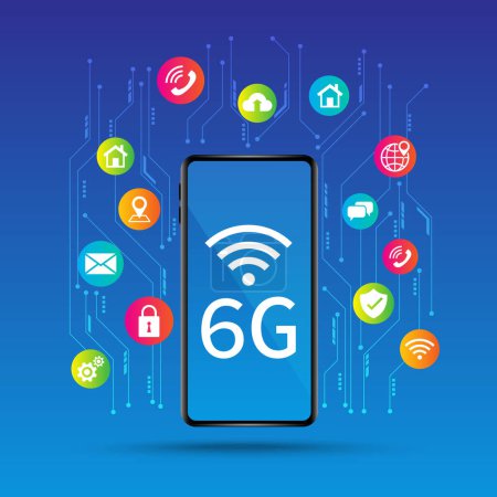 Illustration for 6g fast internet wireless with smartphone. internet of things concept. high speed network 6g communication system. vector illustration fantastic design. - Royalty Free Image