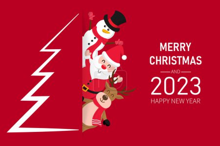 Illustration for Merry christmas and happy new year on red paper card. cute santa claus, deer and snowman. vector illustration flat cartoon design. wallpaper creative colorful new year 2023. - Royalty Free Image