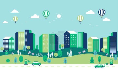 Illustration for Green ecology building cityscape background. solar panels renewable energy. sustainable and nature friendly. save the world concept. family, home and balloon environment. vector illustration. - Royalty Free Image